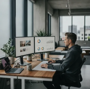 Professional web agency workspace with developer reviewing website