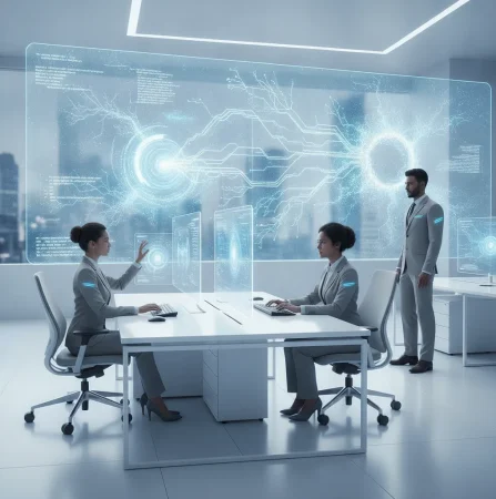 Clean futuristic corporate aesthetic, confident and innovative mood,