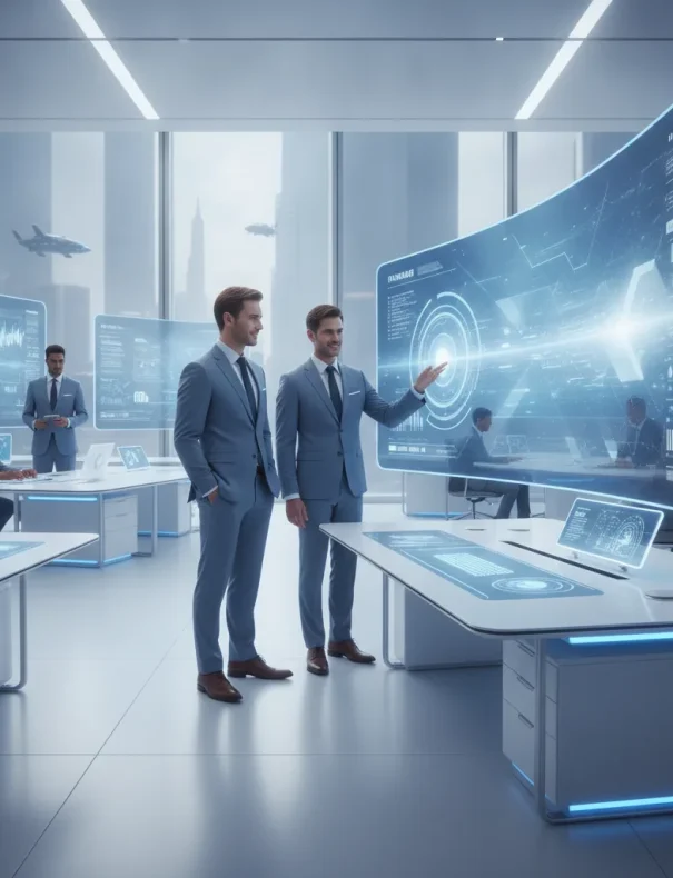 Clean futuristic corporate aesthetic, confident and innovative mood,