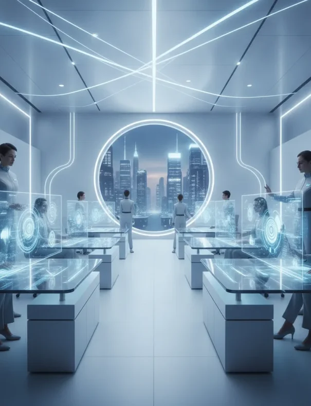 Clean futuristic corporate aesthetic, confident and innovative mood,
